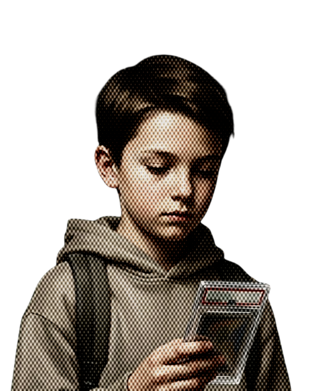 A young collector studying a graded card like it is the only thing in the room