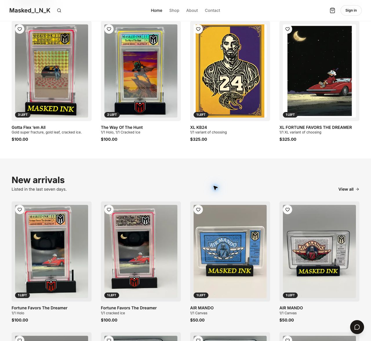 Masked Ink marketplace homepage