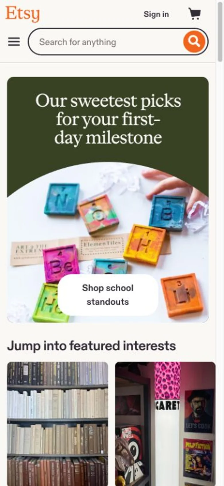 Etsy mobile website, shown as an independent reference