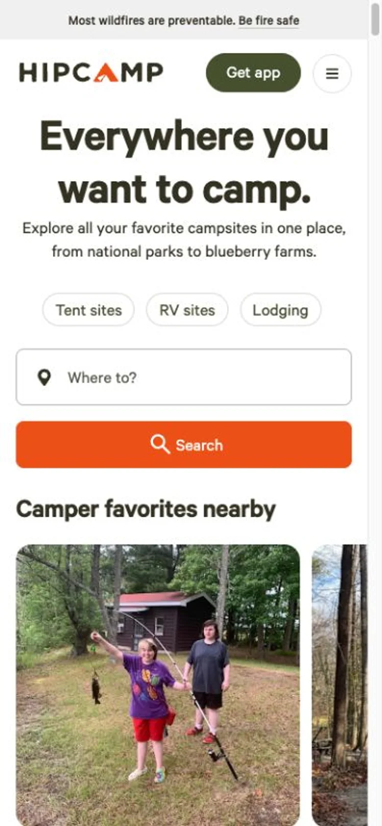 Hipcamp mobile website, shown as an independent reference
